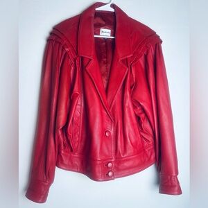Vintage 80s Anatolia Red Leather Jacket with large pleated sleeves size 38